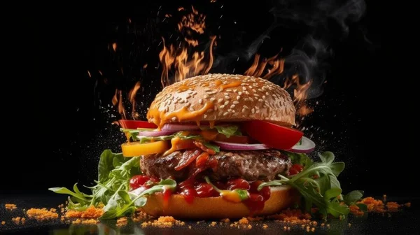 Smaczny Hamburger Rzemieślniczy Grillowanym Mięsem Serem Pomidorem Warzywami Czarnym Tle — Zdjęcie stockowe