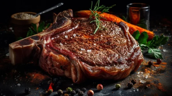 stock image Grilled beef steak with salt and pepper on black stone plate. Grilled striploin sliced steak. Juicy thick grilled beef steak seasoned  fresh of the summer BBQ.