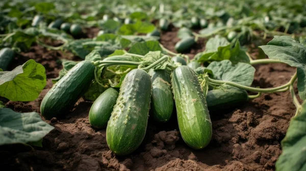 Fresh Vegetables Field Lot Organic Green Cucumbers — Stock Photo, Image