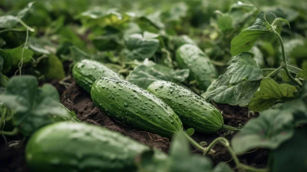 Fresh Vegetables Field Lot Organic Green Cucumbers — Stock Photo, Image