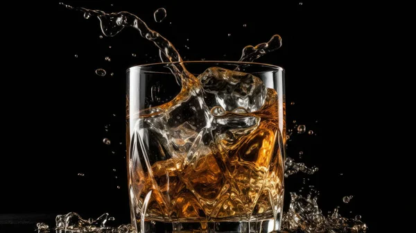 Ett Glas Whisky Med Stänk Vätska Och Inuti Isolerad Svart — Stockfoto