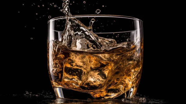 Egy Pohár Whisky Benne Fröccsenő Folyadékkal Jéggel Fekete Alapon Elszigetelve — Stock Fotó