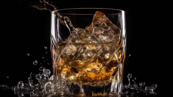 Szklanka Whisky Rozpryskanym Płynem Lodem Środku Izolacja Czarnym Tle — Zdjęcie stockowe