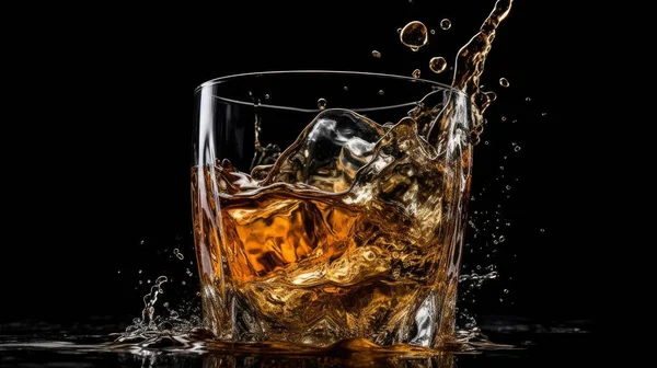一杯威士忌 里面有溅出的液体和冰块 被隔离在黑色背景下 — 图库照片