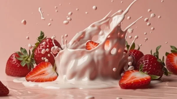 Erdbeere Sahne Eine Erdbeere Fällt Nach Unten Und Spritzt Milch — Stockfoto