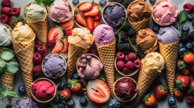 Farklı meyveli dondurma külahları..