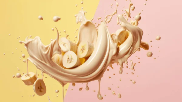 Splashing cream or milk with banana on pink background