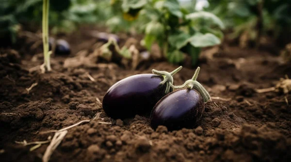 Ripe Eggplant Garden Fresh Organic Eggplant Aubergine Purple Aubergine Growing — Stock Photo, Image