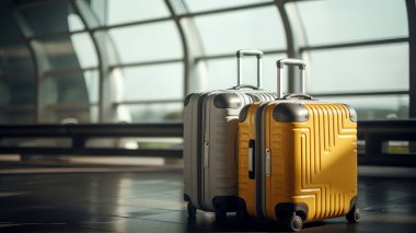 Havalimanı koridorunda duran şık bavullar, terminalde bekleyen tanınmayan yolcuların bavulları, uçak yolculukları ve tatil için yaratıcı afişler..
