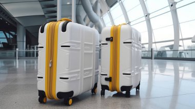 Havalimanı koridorunda duran şık bavullar, terminalde bekleyen tanınmayan yolcuların bavulları, uçak yolculukları ve tatil için yaratıcı afişler..