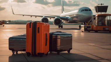 Havalimanı koridorunda duran şık bavullar, terminalde bekleyen tanınmayan yolcuların bavulları, uçak yolculukları ve tatil için yaratıcı afişler..