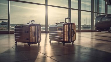 Havalimanı koridorunda duran şık bavullar, terminalde bekleyen tanınmayan yolcuların bavulları, uçak yolculukları ve tatil için yaratıcı afişler..