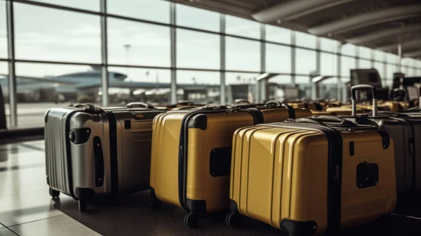 stock image Stylish suitcases standing in empty airport hall, unrecognizable traveller's luggage waiting in terminal, creative banner for air travels or vacation trip.