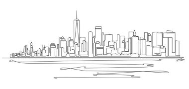 New York şehrinin tek çizgi çizimi silueti, Manhattan su hattı sanat çizgisi illüstrasyonundan görülüyor