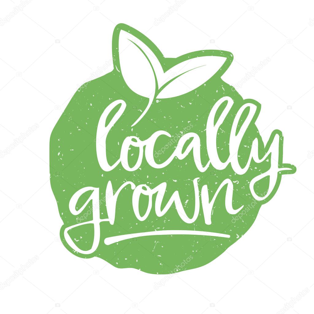 Green label or sticker with leaves and text LOCALLY GROWN for regional produce isolated on white, vector illustration