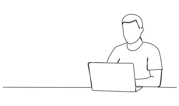 Desenho Contínuo Única Linha Homem Usando Computador Portátil Ilustração Vetor — Vetor de Stock