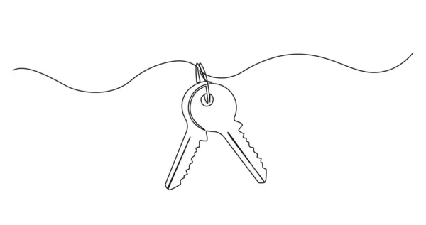 Kontinuierliche Einzeilige Zeichnung Von Schlüsseln Auf Schlüsselanhänger Linienart Vektor Illustration — Stockvektor