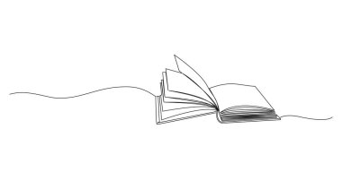 Açık kitabın aralıksız tek satır çizimi, çizgi sanat vektörü çizimi
