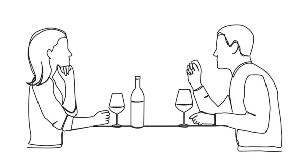 ディナーテーブルに座ってワインを飲むカップルの連続シングルラインの描画 ラインアートベクトル図 — ストックベクタ