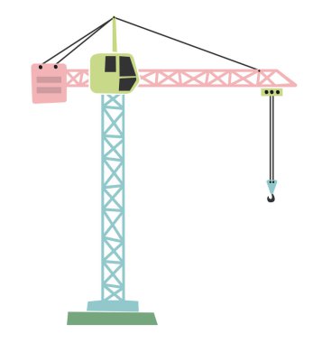 çocuklar için scandi stili inşaat makineleri vektör çizimi, beyaz arkaplanda izole kule vinç