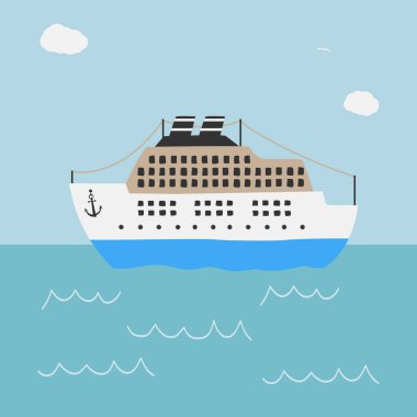 Mavi denizdeki yolcu gemisinin İskandinav tarzı çizimi, çocuklar için Scandi vektör çizimi