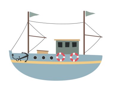 Beyaz üzerine izole edilmiş balıkçı teknesinin İskandinav tarzı çizimi, çocuklar için skandi vektör çizimi