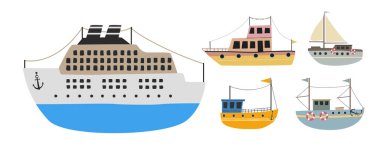 Beyaz arka planda izole edilmiş gemi ve teknelerin İskandinav tarzı çizimleri, vektör illüstrasyonu