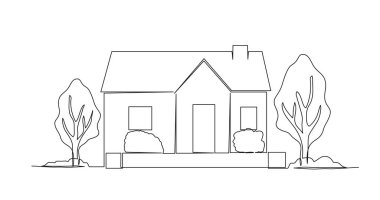 continuous single line drawing of small single-familiy home with trees in yard, line art vector illustration