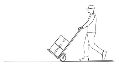 continuous single line drawing of parcel carrier or delivery driver with packages on hand truck, line art vector illustration