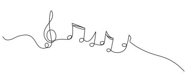 continuous single line drawing of music notes and treble clef, abstract sheet music line art vector illustration