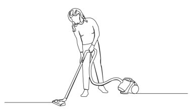 continuous single line drawing of woman using vacuum cleaner, line art vector illustration