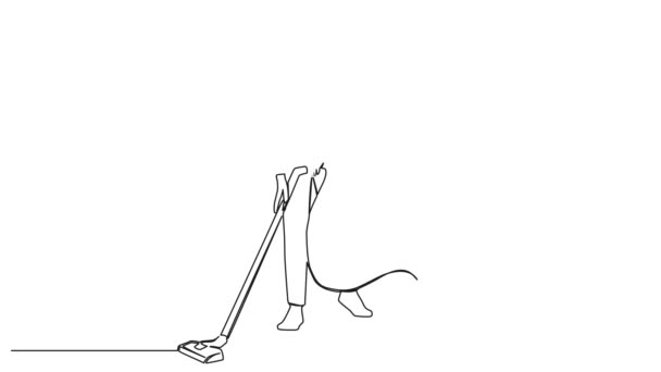 Анимированный Непрерывный Рисунок Одной Линии Женщины Помощью Пылесоса Линейная Анимация — стоковое видео