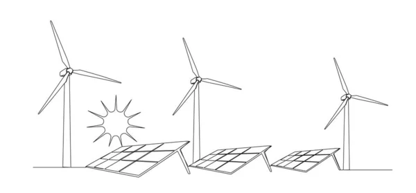 Continuous Single Line Drawing Solar Energy Wind Power Concept Line — Vetor de Stock