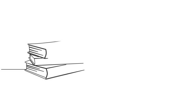 Анімований Безперервний Однорядковий Малюнок Відкритої Книги Поруч Стеком Книг Анімація — стокове відео