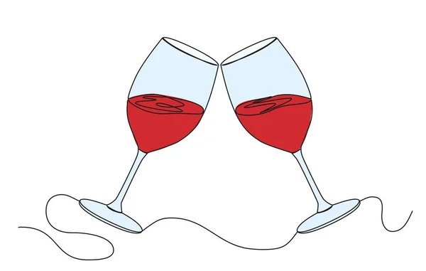 赤ワインとクリンクワイングラスの連続シングルラインドローイングトーストラインアートベクトルイラスト — ストックベクタ