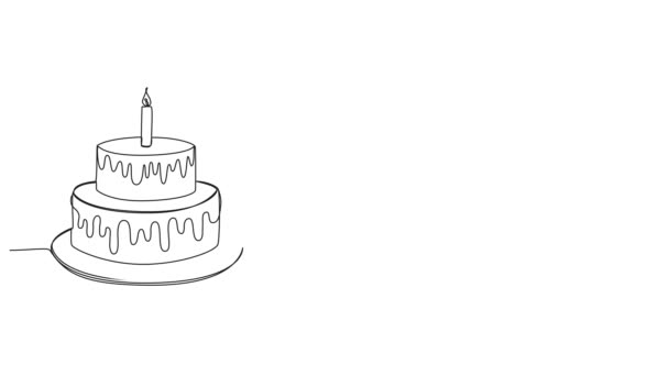 Animierte Durchgehende Einzeilige Textzeichnung Happy Birthday Und Geburtstagstorte Mit Kerze — Stockvideo