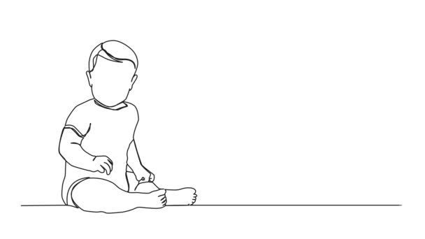 Disegno Continuo Animato Singola Linea Bambino Tutina Seduto Sul Pavimento — Video Stock