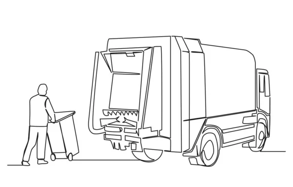 Kontinuierliche Einzeilige Zeichnung Von Müllwagen Und Müllsammler Mit Mülleimer Garbage — Stockvektor