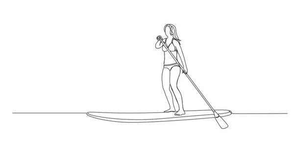 Disegno Continuo Singola Linea Donna Standup Paddleboarding Linea Arte Vettoriale — Vettoriale Stock