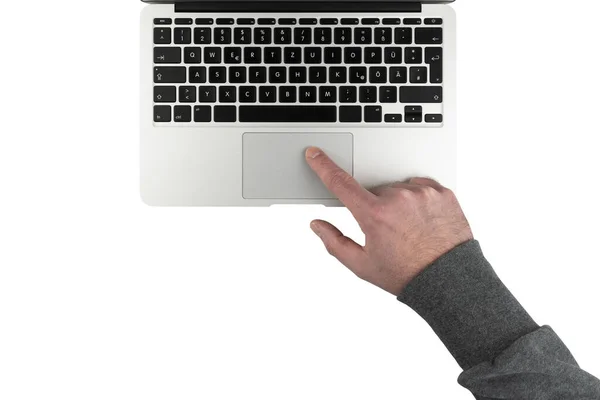 Сверху Вниз Вид Человека Помощью Сенсорной Панели Ноутбуке Компьютер Изолирован — стоковое фото