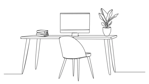 Dessin Simple Ligne Chaise Bureau Avec Ordinateur Moderne Pile Livres — Image vectorielle