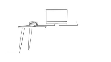 Modern bilgisayarlı sandalye ve masa çizimleri, kitap yığını ve saksı bitkisi ev konsept çizgisi sanat animasyonundan çalışıyor.
