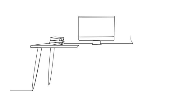 Disegno Animato Singola Linea Sedia Scrivania Con Computer Moderno Pila — Video Stock