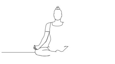 Oturan yoga pozu, çizgi sanatı animasyonu, sürekli tek çizgi halinde kadın çizimi.