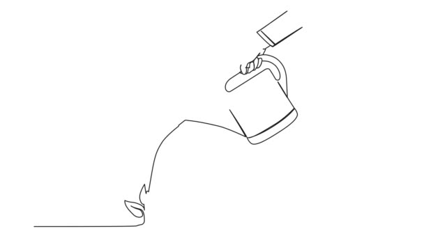 散水缶で小さな緑の植物に水をやる人の連続した一本の線画 ラインアートアニメーション — ストック動画