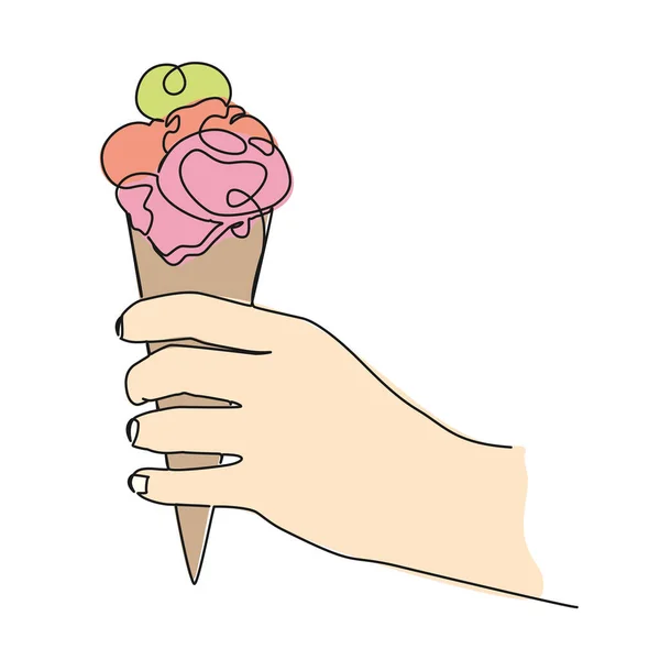 Colorized Continuous Single Line Drawing Hand Holding Ice Cream Cone — Stock Vector