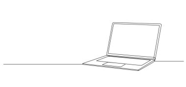 Dizüstü bilgisayarın aralıksız tek çizgi çizimi, çizgi sanat vektörü çizimi