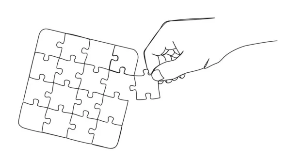 Continuous Single Line Drawing Hand Adding Last Missing Puzzle Piece — Stock Vector