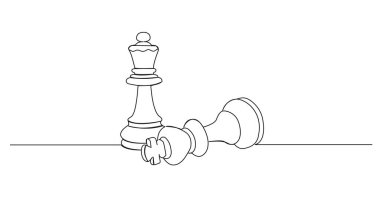 Satranç oyuncularının aralıksız tek çizgi çizimi, şah mat konsept çizgisi çizimi sanat vektörü illüstrasyonu