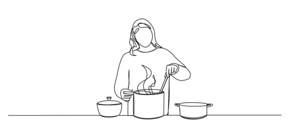 Ciągły Rysunek Jednej Linii Osoby Przygotowującej Jedzenie Kuchni Gotowanie Koncepcja — Wektor stockowy